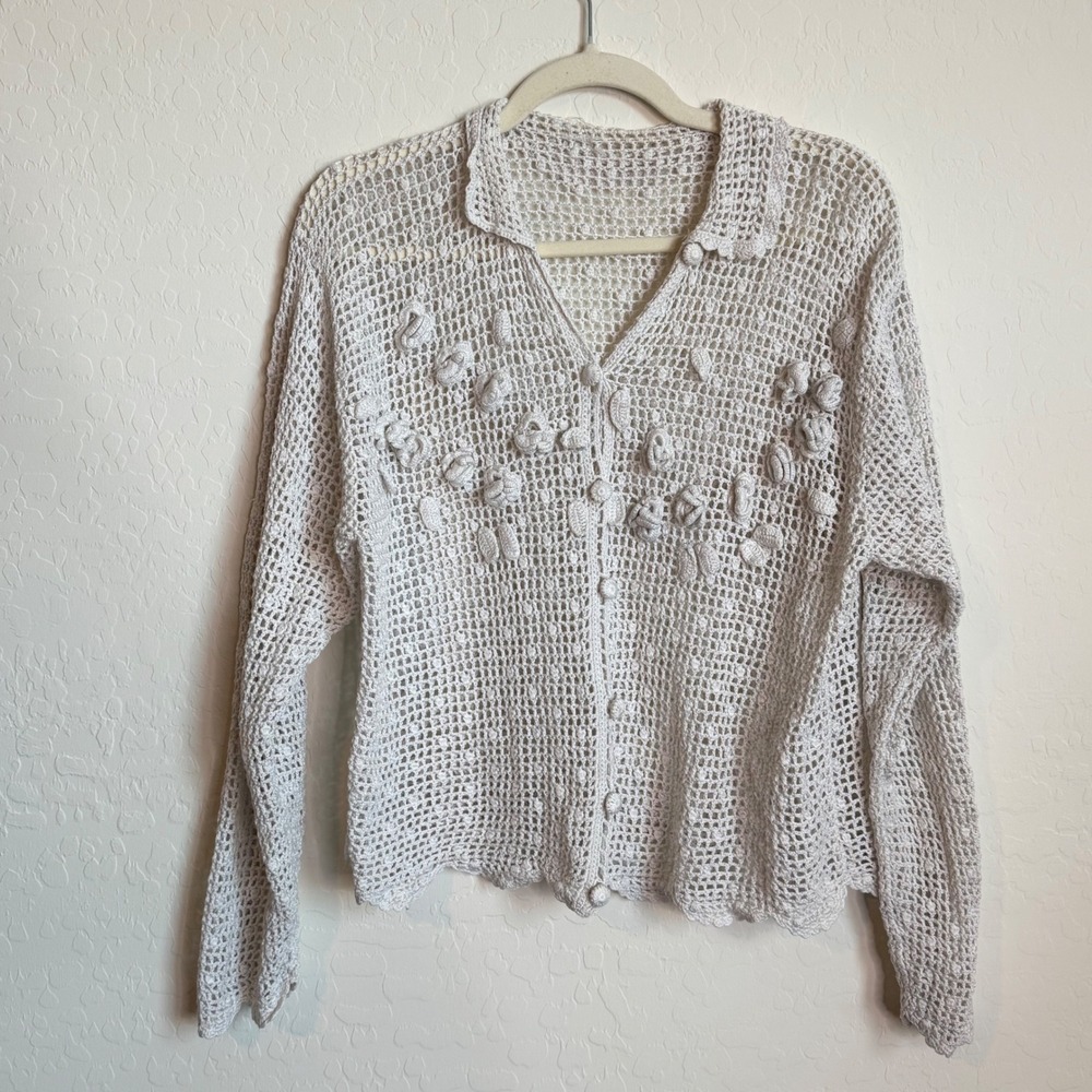 Vintage Handmade Crochet Floral Applique Cardigan Mesh Sweater Cottagecore